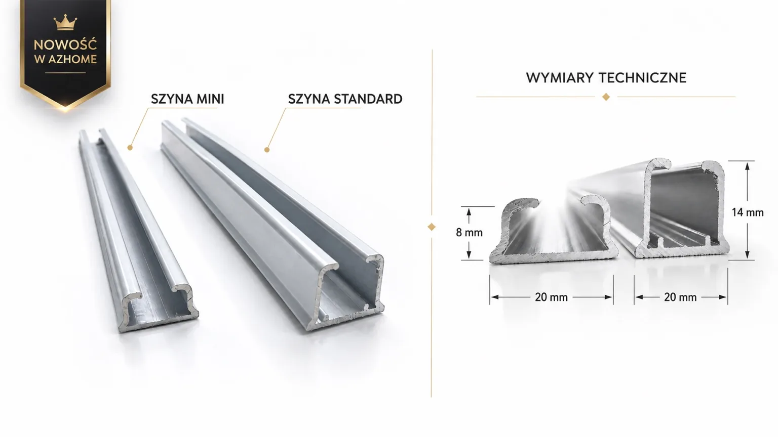 Porównanie aluminiowej szyny sufitowej MINI i STANDARD — wymiary techniczne Kraków